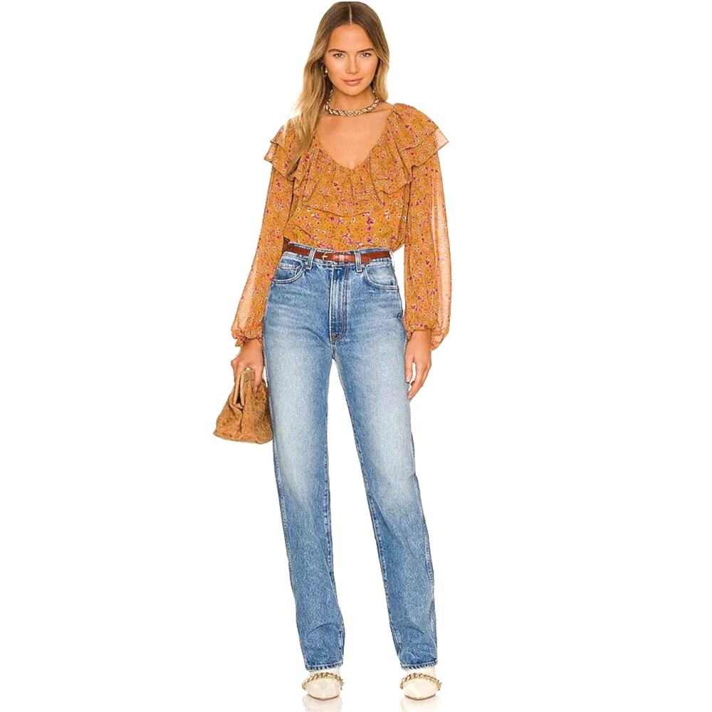 Tularosa Orion Top Peasant‎ Blouse Floral Yellow Long SleeveSz S Ruffle - Picture 4 of 11